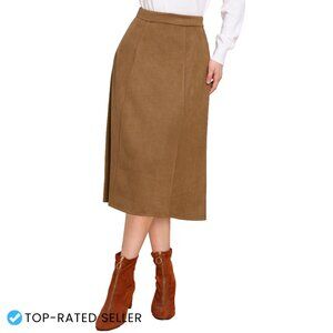 Faux Suede Midi A-Line Skirt High Elastic Waist Zipper Work Casual Fall Winter